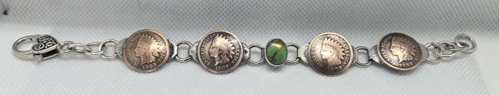 Nickelheadjewelry LLC GREEN copper turquoise bracelet with authentic coins