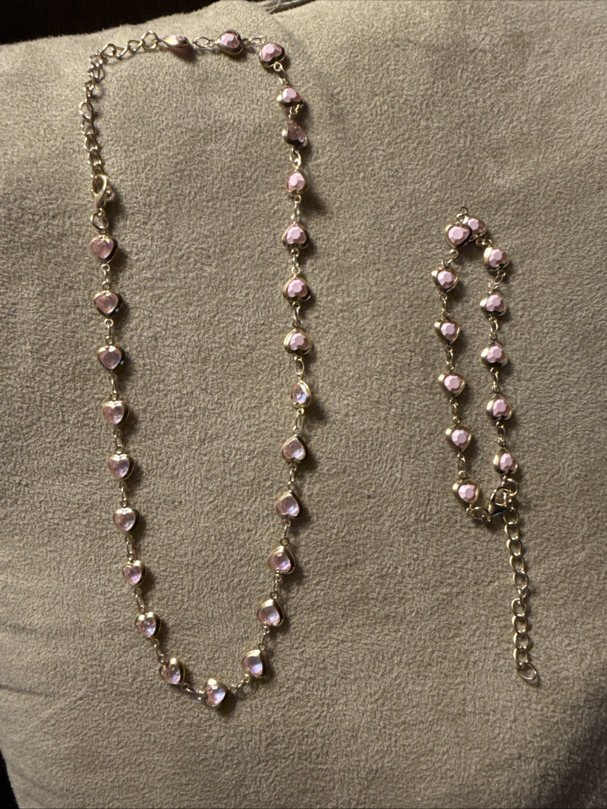 2 Piece Pink Colored Gold Heart Themed Copper Necklace And Bracelet Set