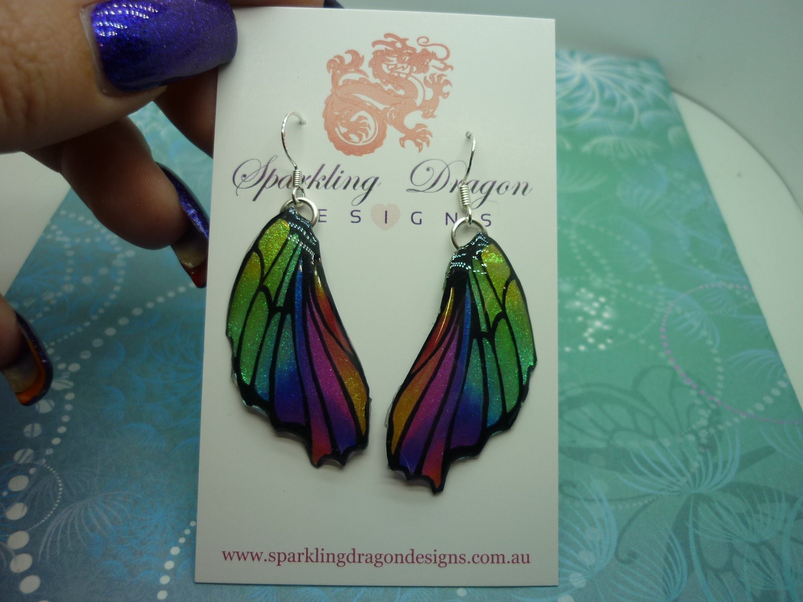 Butterfly Wing Earrings Green Purple Rainbow – Fairy Jewellery, Fun Gift for