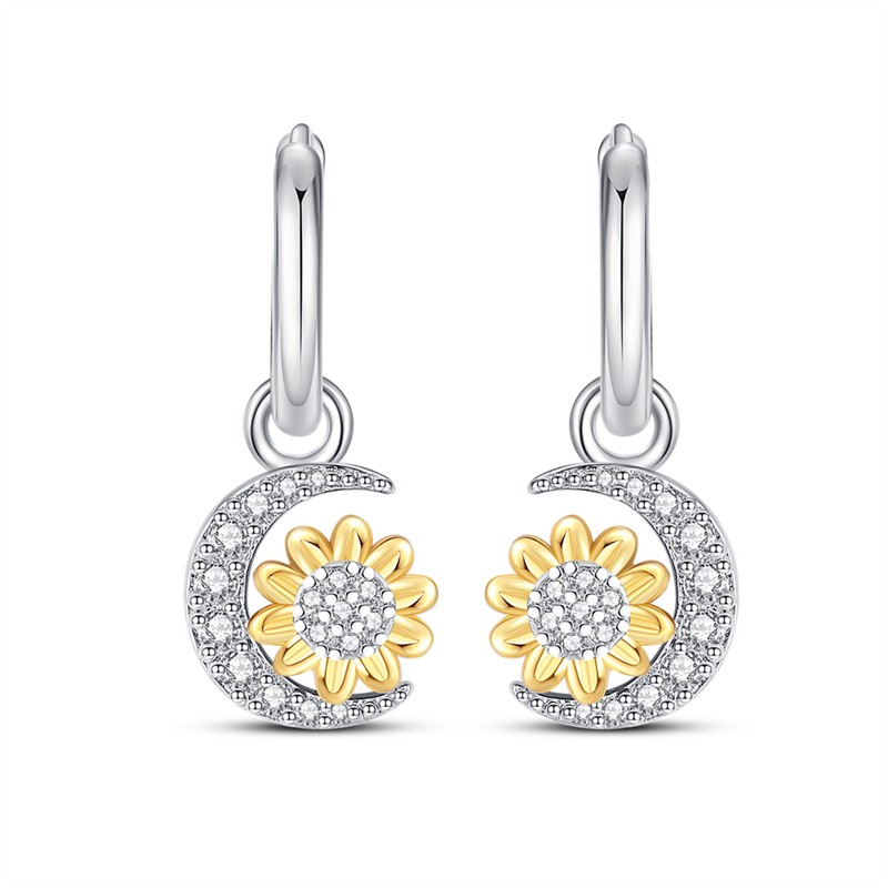 PANDACH 925 Sterling Silver Tiny Sunflower & Moon Drop Earrings For Women Hoops
