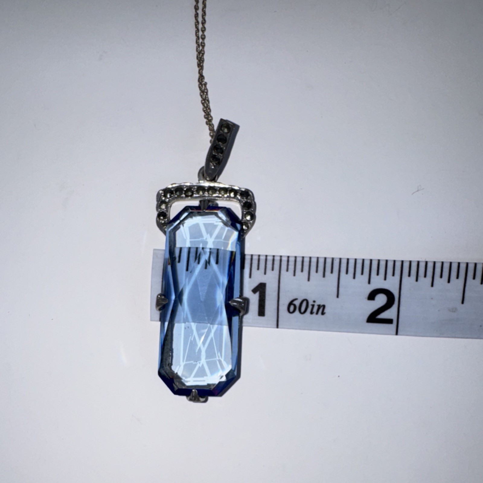 Vintage Blue Spinel Glass Emerald Cut Rectangle Pendant 16″ Silver Chain