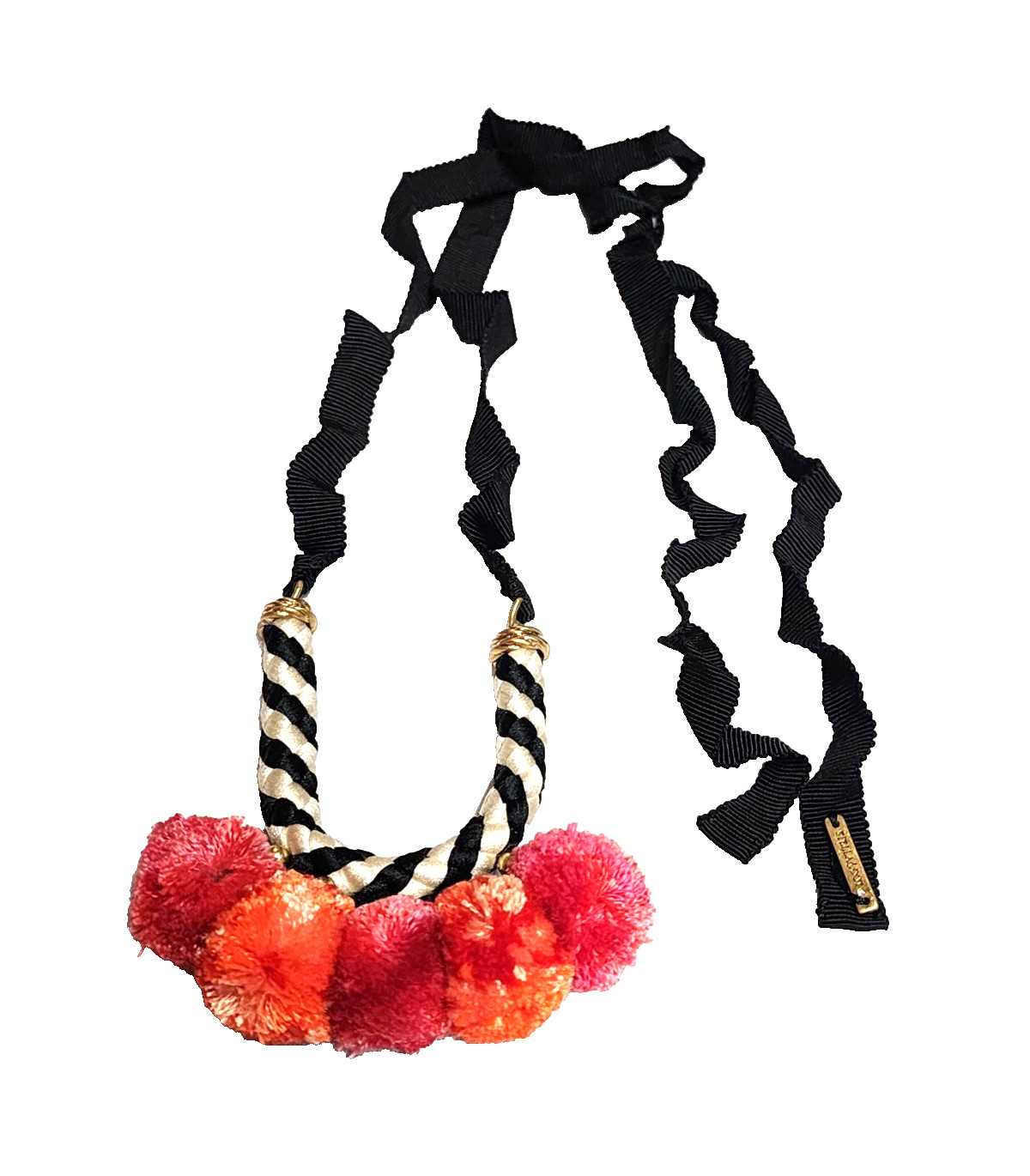 Stella & Dot Nala Pom Pom Black White Orange Pink Ribbon Necklace Bib Boho GUC