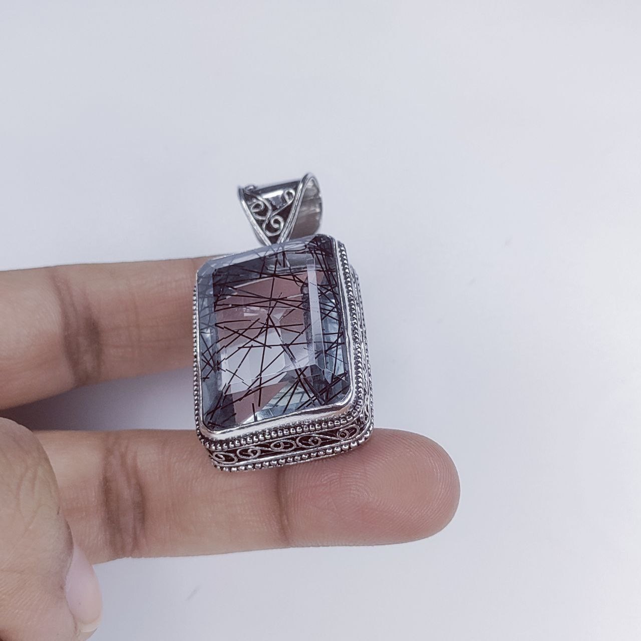 Black Rutialted Quartz Gemstone Handmade 925 Sterling Silver Jewelry Pendant 2″
