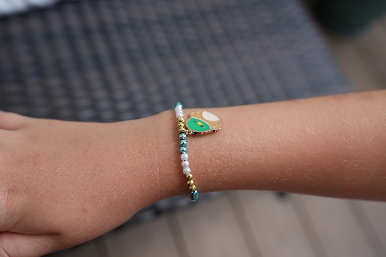 Handmade Cute Green Duck Charm Bracelet Teal Pearl Gold Tone Beaded Jewelry