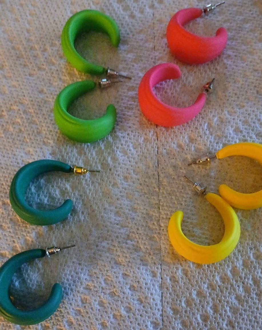 9 Pair Of Colorful Textured Coated Hoop Earrings. Lightweight Everyday Wear,