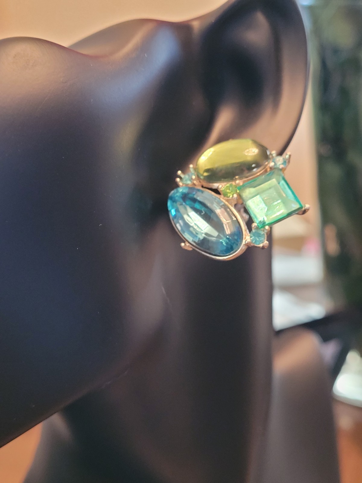 VTG Avon Signed Silver Plated Blue Green Geometric Rhinestone Pierced Earrings