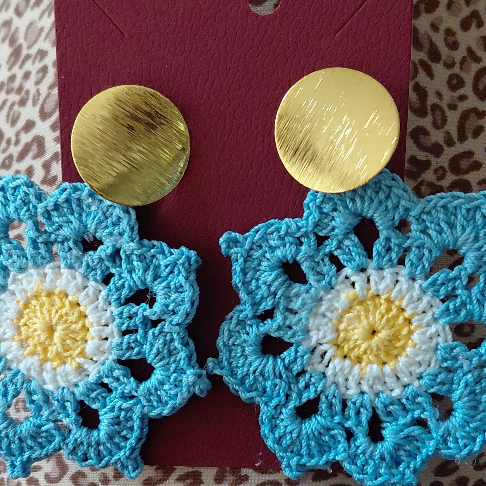 Handmade Crochet Cotton Flower Dangle/Drop Earrings Blue White Yellow Gold Stud