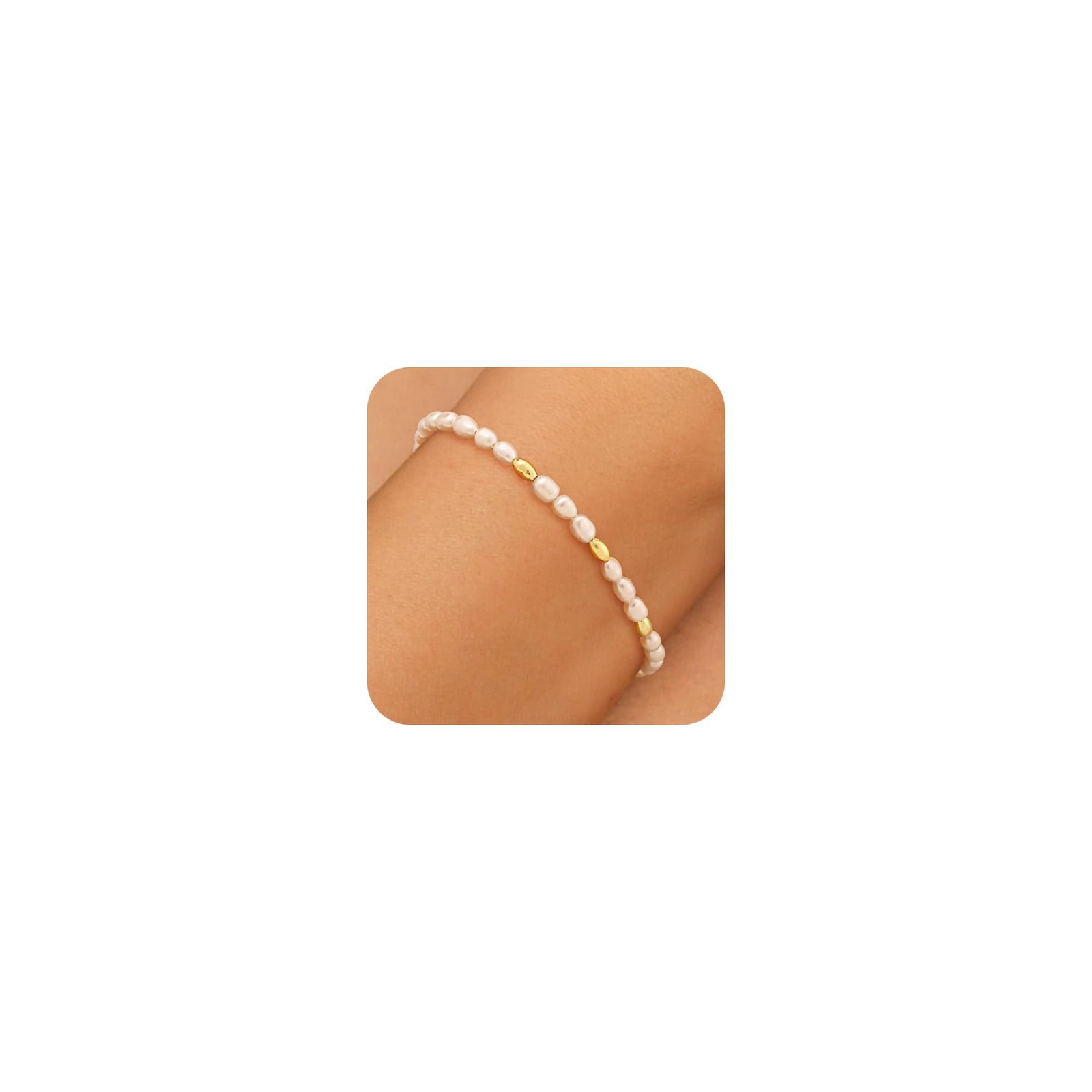 Freshwater Pearl Bracelet, Dainty 14K Gold Plated Pearl Beaded Chain 4.5mm Ad…