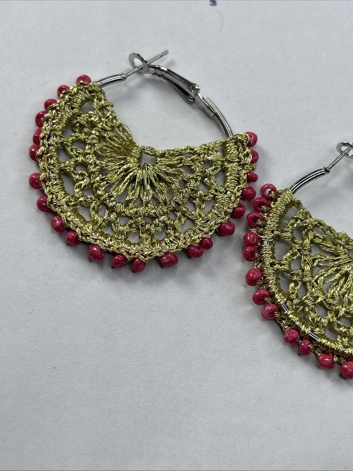 Crochet Handcraft Gold and Pink Beaded Earring Dangle Drop Earrings Gift UK New