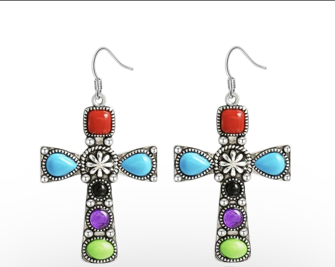 Boho Cross Metal Stones Dangle Earrings