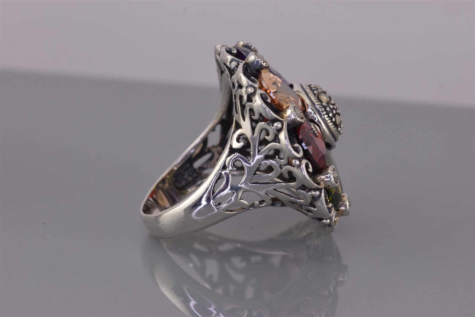 Sterling Silver 30mm Colorful Pear Cut Flower Statement Band Ring 14g 925 Sz: 9