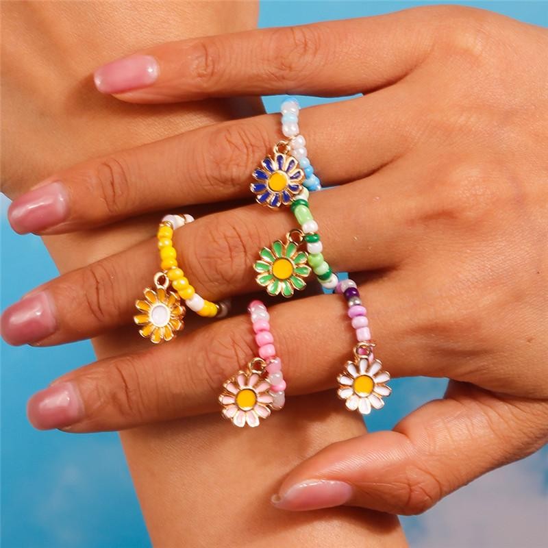Bohemian Handmade Colorful Flower Beaded Ring Set for Women Beach Jewelry Gift
