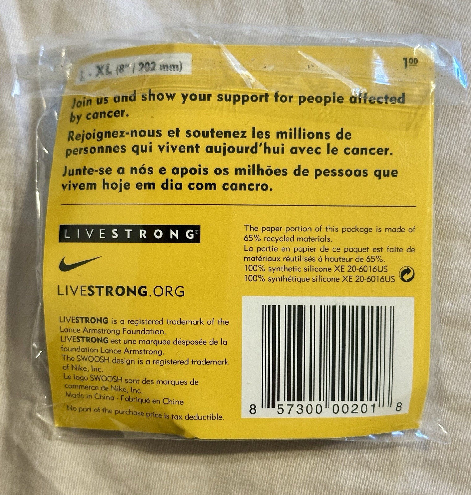 Nike LIVESTRONG Wristband Bracelet – Authentic In Original Packaging NEW L-XL 8″