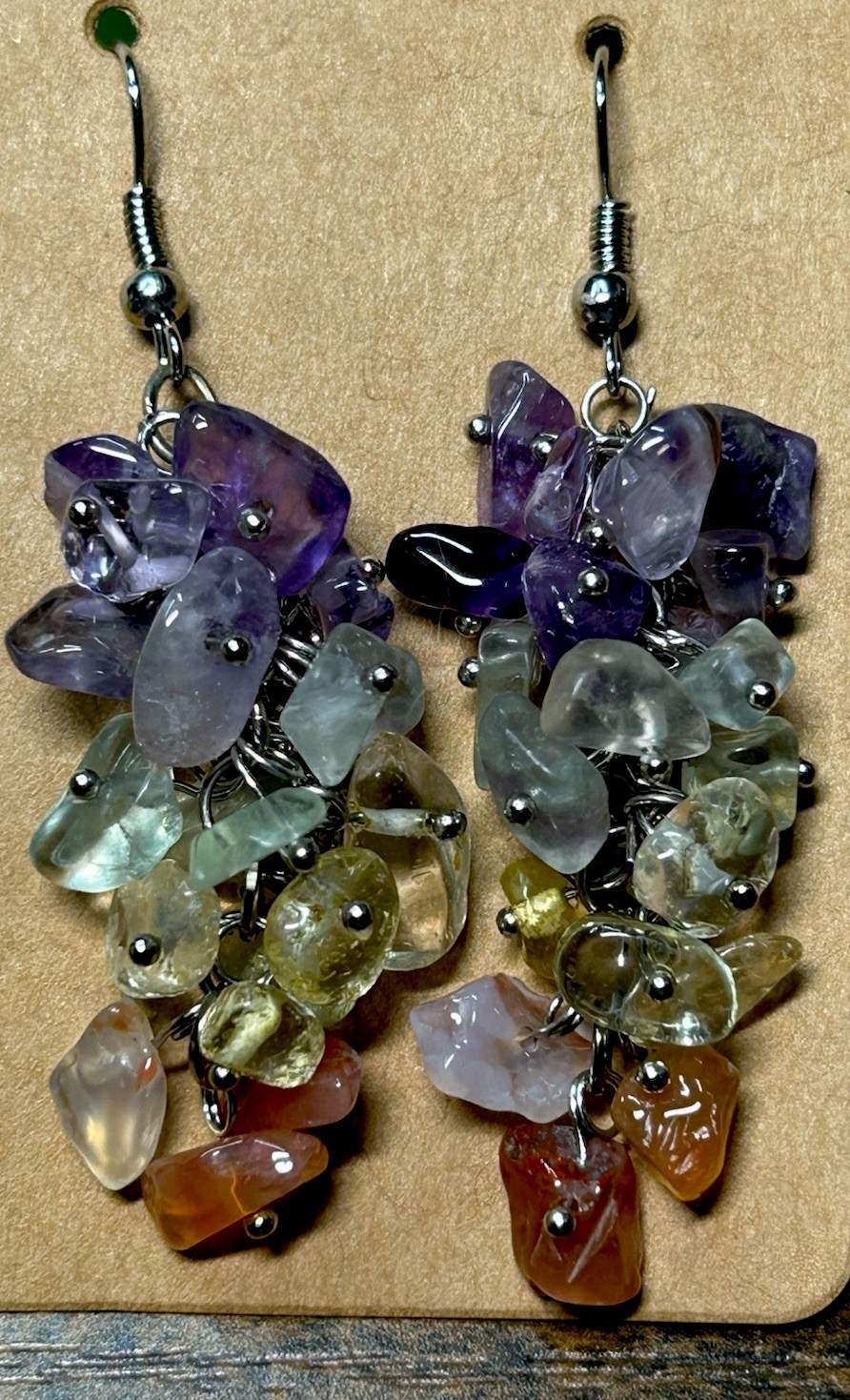Natural 7 Gemstone Cluster Hook Earrings And Necklace Set Chakra Healing
