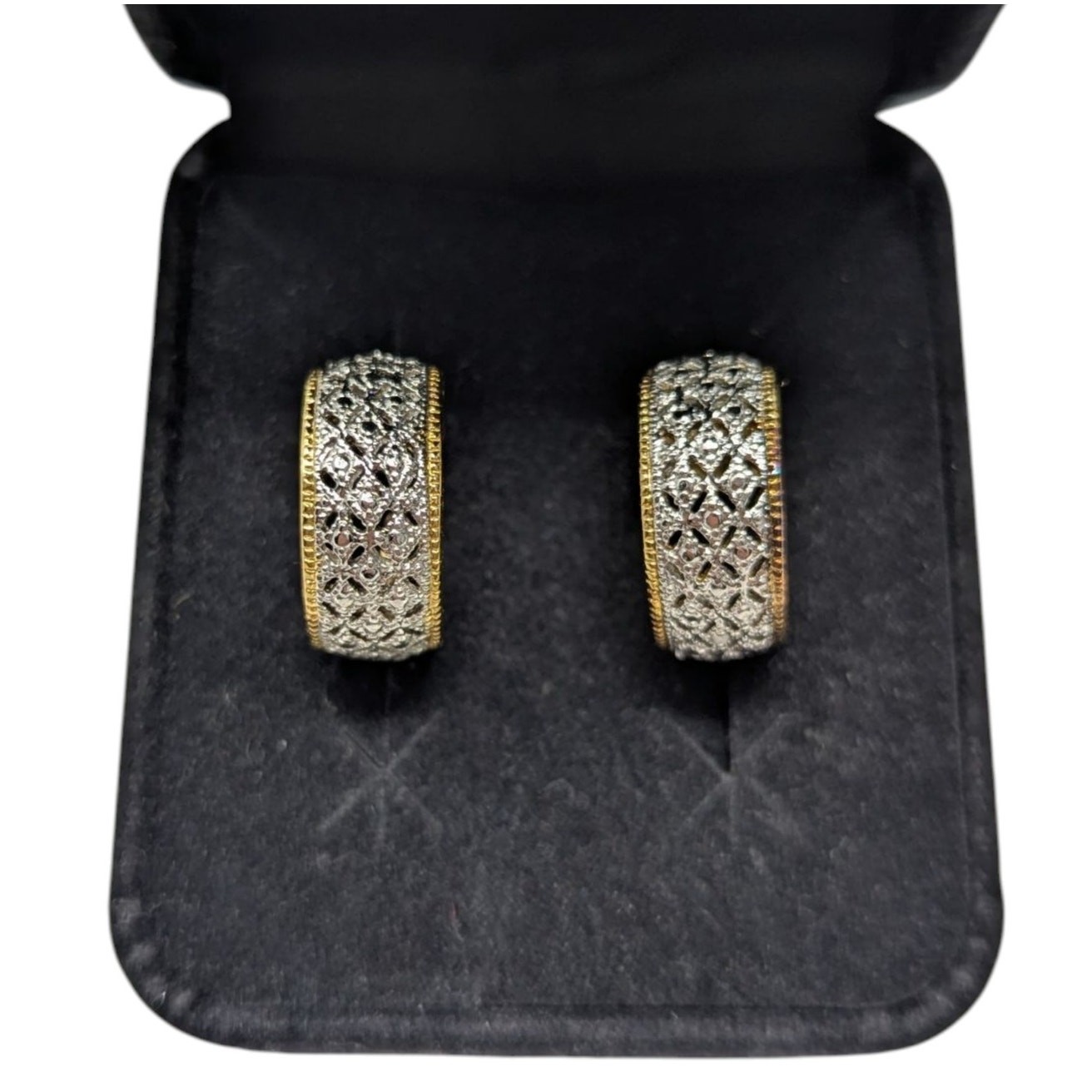 Two-Tone Sterling Silver RSE 925 Vermeil Filigree Hoop Earrings Italy