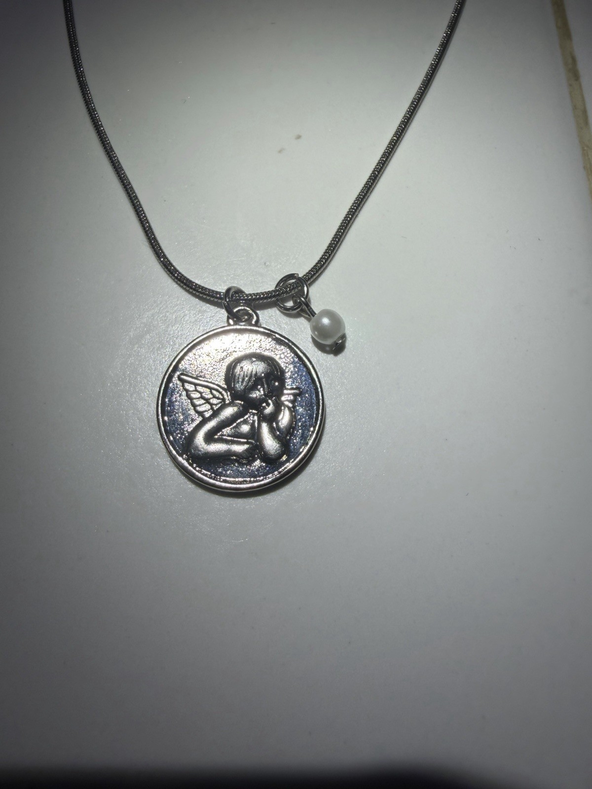 Silver Tone Angel Medallion Necklace with Faux Pearl Charm