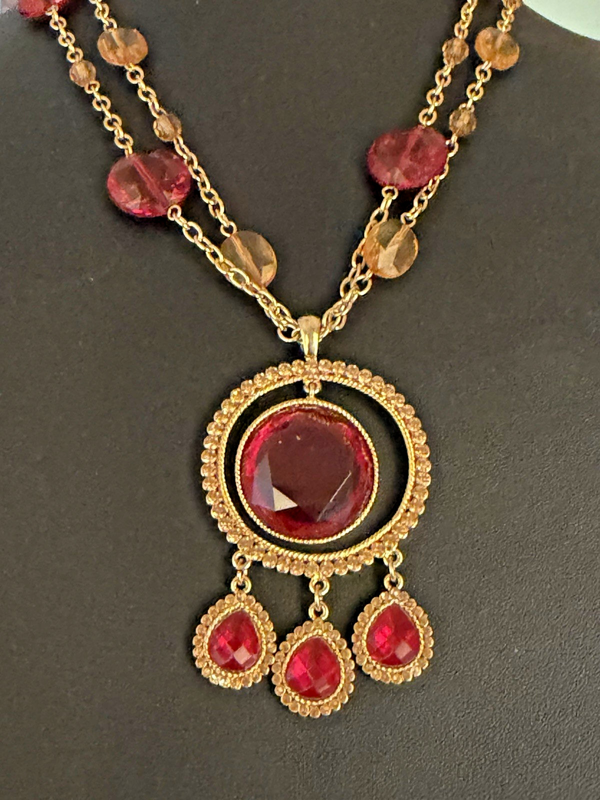 Birch Hill Double Strand Red and Gold Acrylic Beaded Stations Necklace 22″