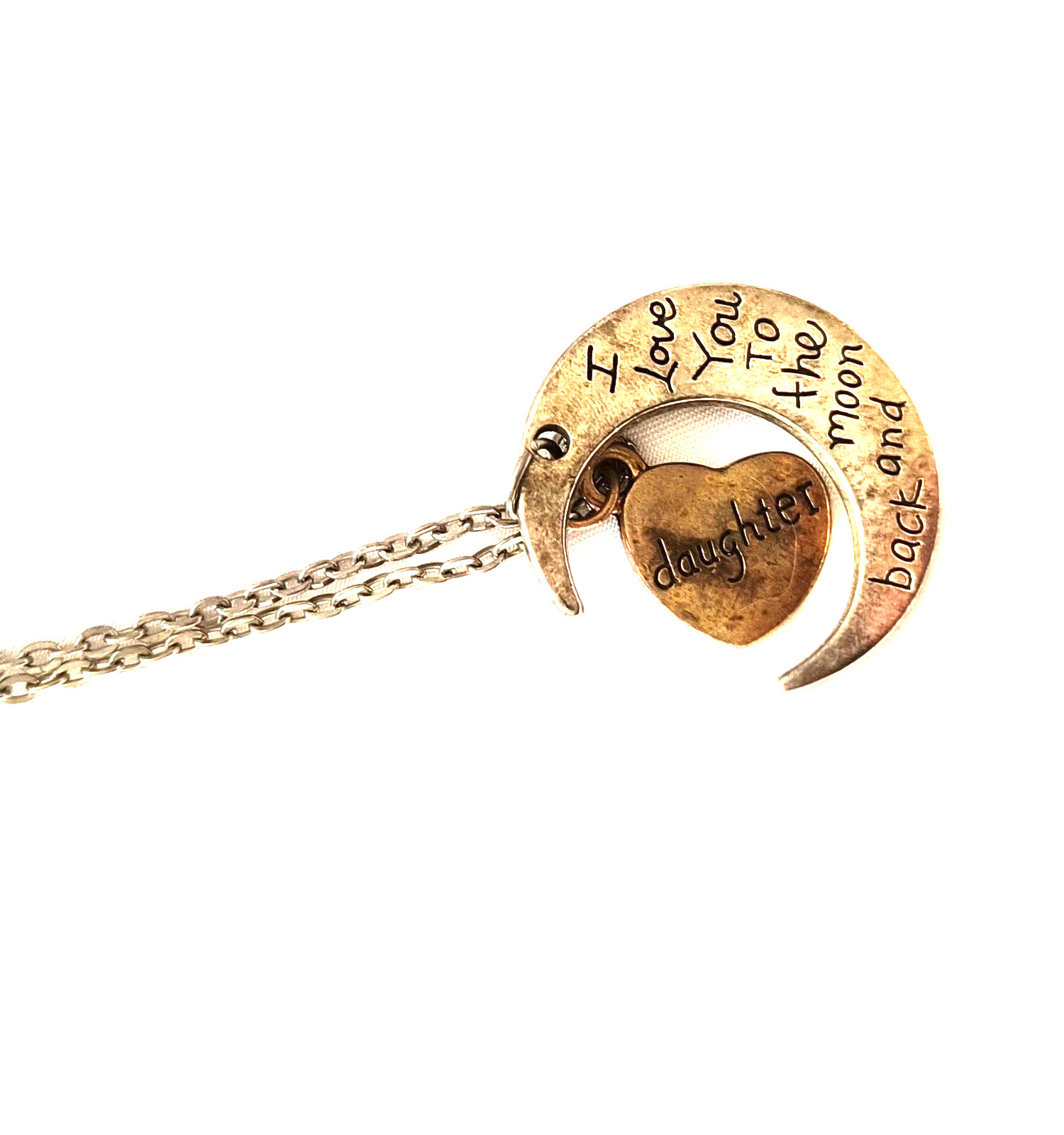 Daughter Love You To the Moon Silvertone /Brass Color Charm Necklace Adjustable