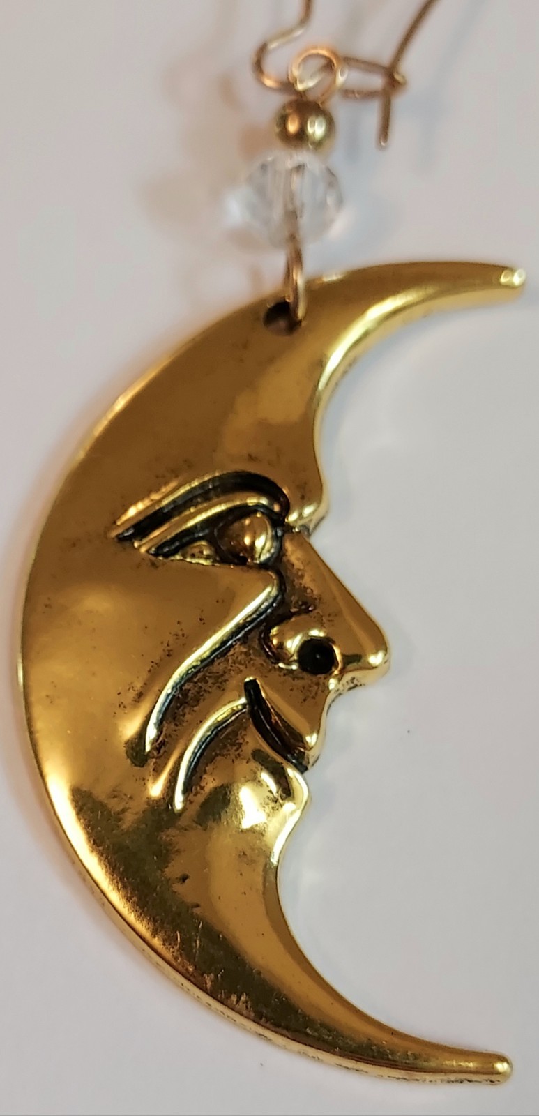 Moon Face Dangle Earrings Gold Tone Celestial Crescent Moon Statement
