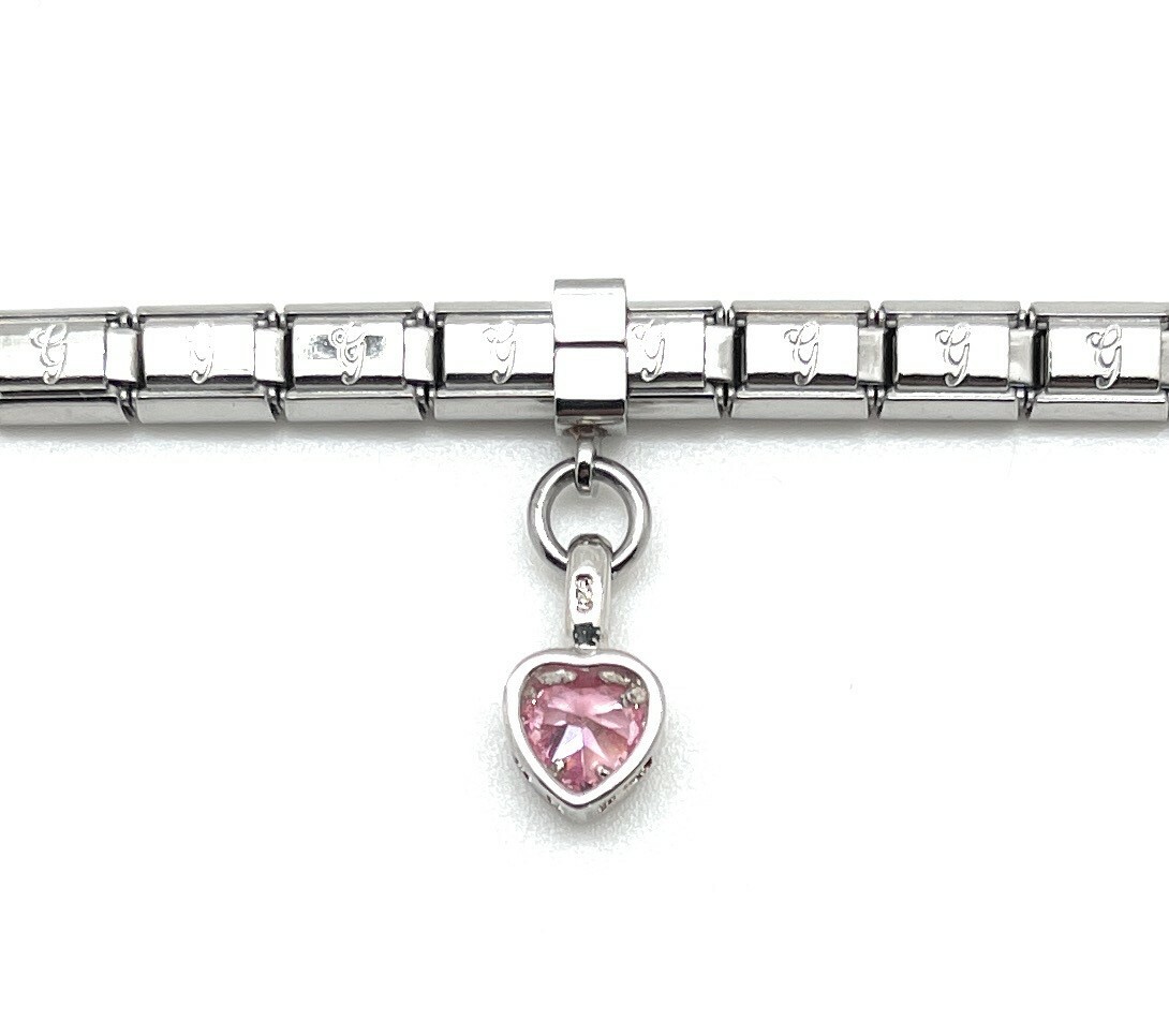 Italian Modular Charm Bracelet Dangle Pink CZ Heart Stainless Steel Silver 4 mm