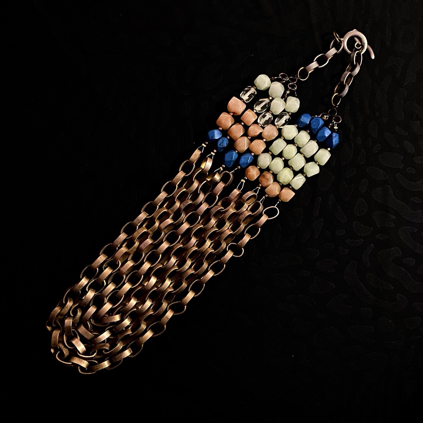 Layered Multi-Strand Bronze Chain Necklace + Blue/Peach/Mint Faceted Beads