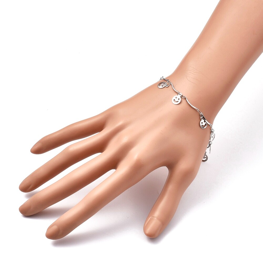 Stainless Steel Scalloped Bar Bracelet Smile Face Charms Lobster Silver 8″ Z154