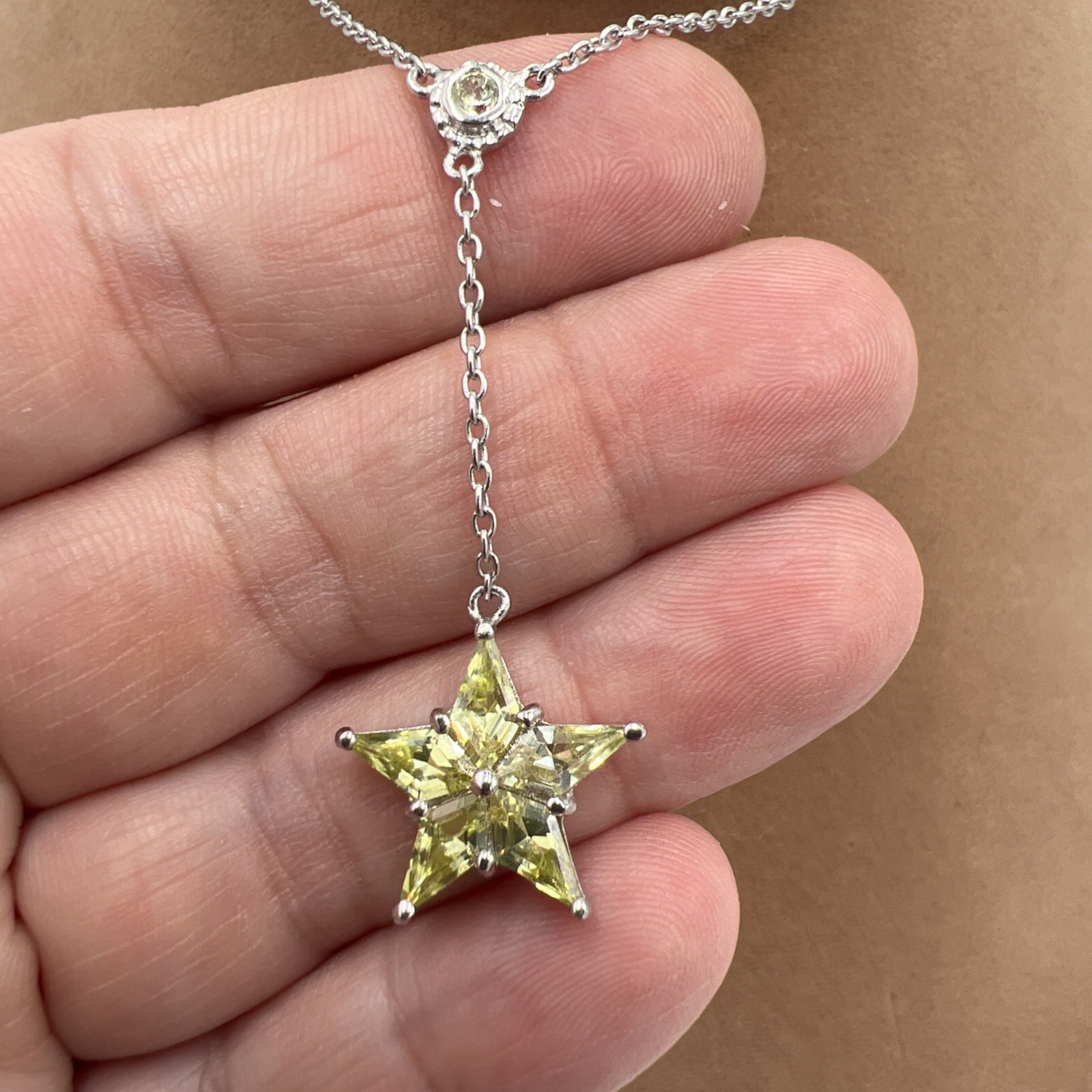 Sparkling CZ Sterling Silver Necklace Citrine Yellow Star Y Drop Necklace 16″