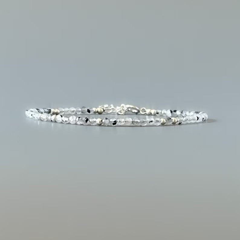 Rainbow Moonstone Crystal Gemstone Dainty Bracelet Minimalist 3mm Faceted Beads