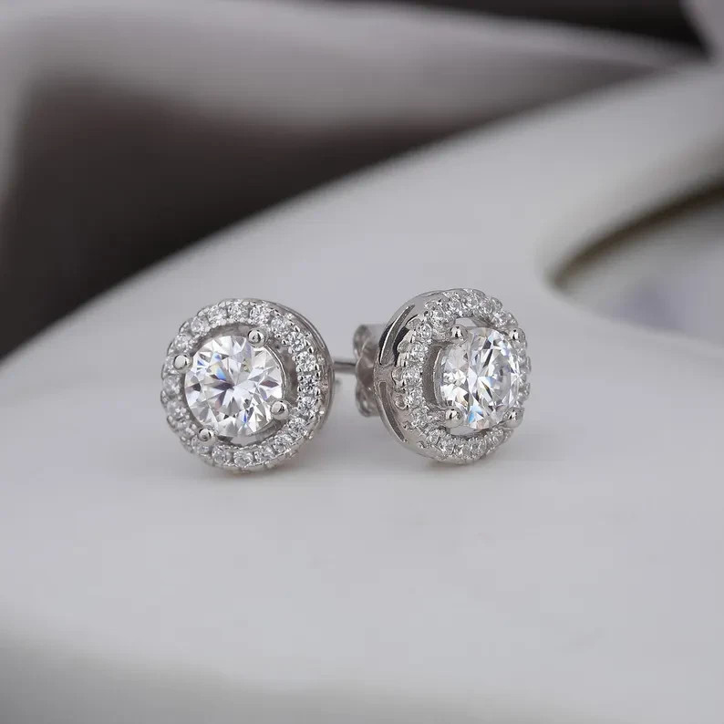 2Ct Round Cut Simulated Diamond Solitary Halo Stud Earring 14k White Gold Plated