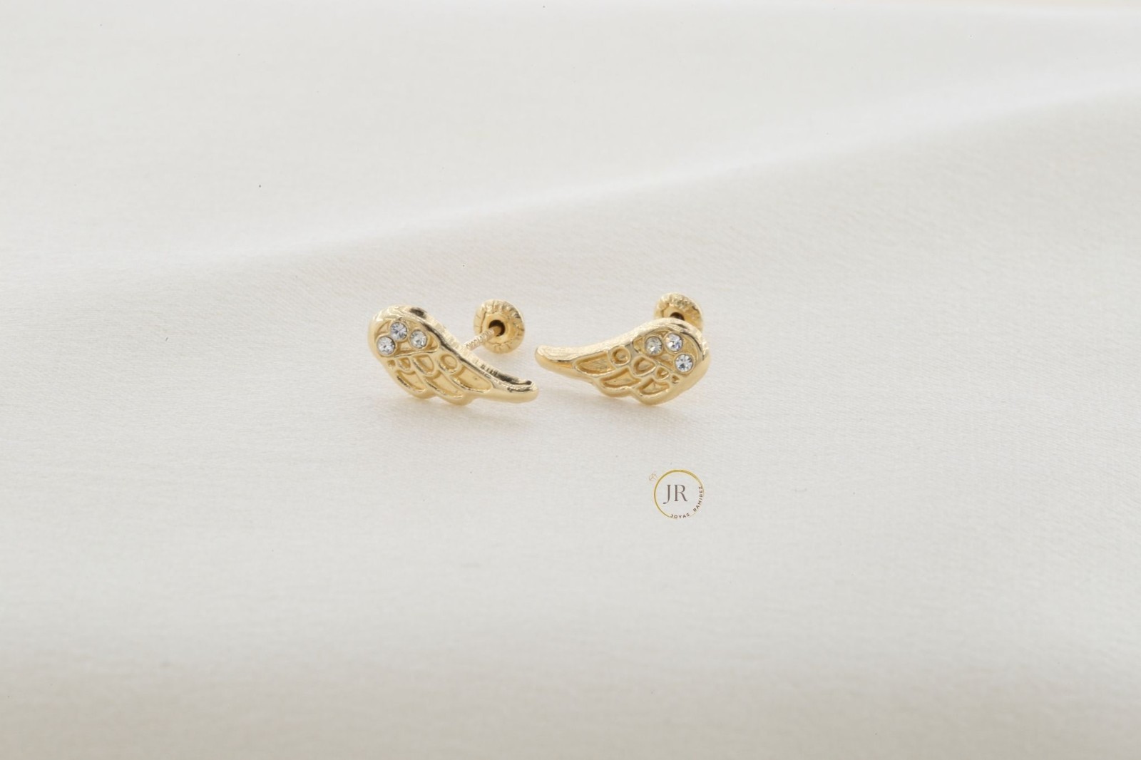14K Solid Gold Angel Wing Earrings • Delicate Guardian Angel Studs with CZ