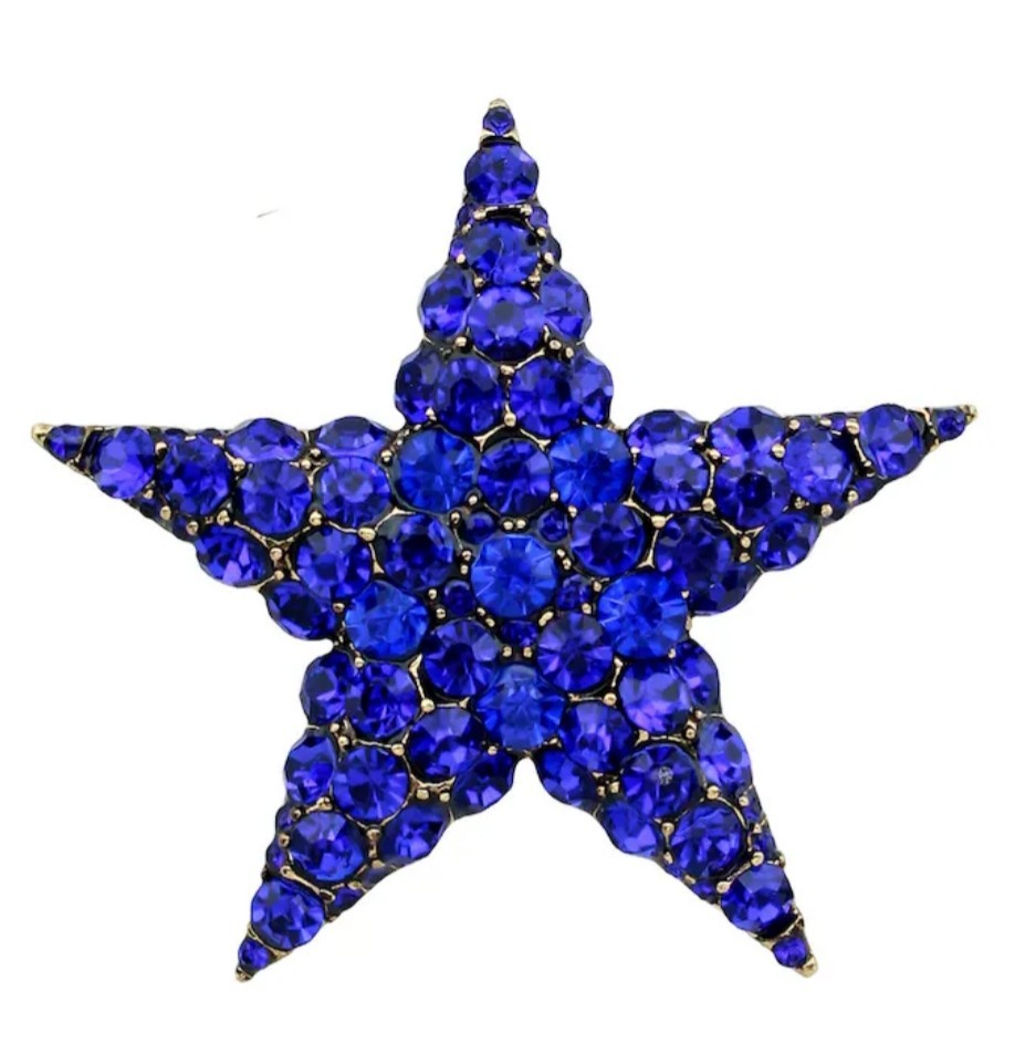 BLUE CRYSTAL RHINESTONE GOLD STAR PIN BROOCH PENDANT~CHRISTMAS HOLIDAY GIFT