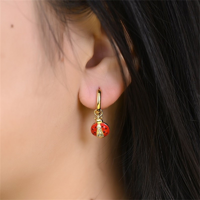 PANDACH 925 Sterling Silver Gold Plated Ladybug Drop Earrings For Women Jewelry