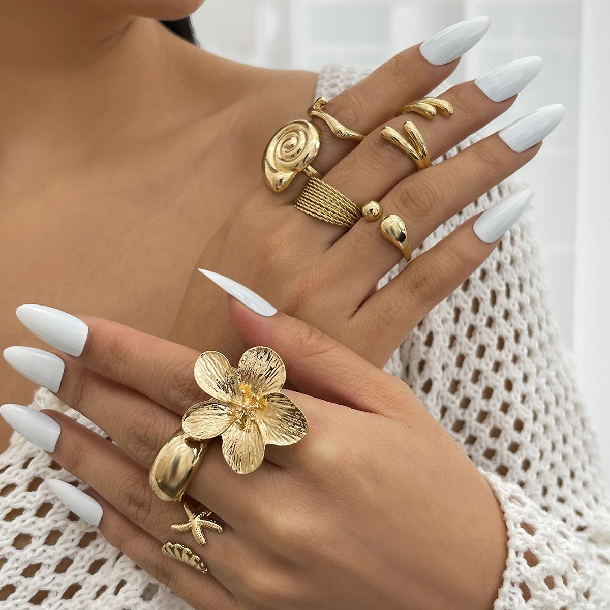 Intage Metal Flower Water Drop Open Rings Geometric Daily Jewelry Gift for Women