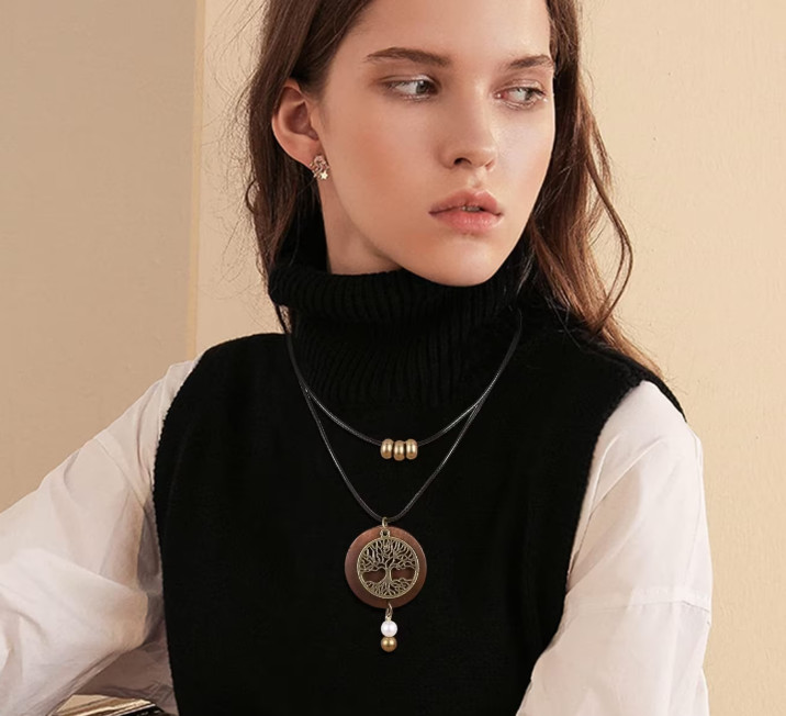 6Pcs Long Pendant Necklace Set Women Boho Wood Sweater Statement Hippie Jewelry