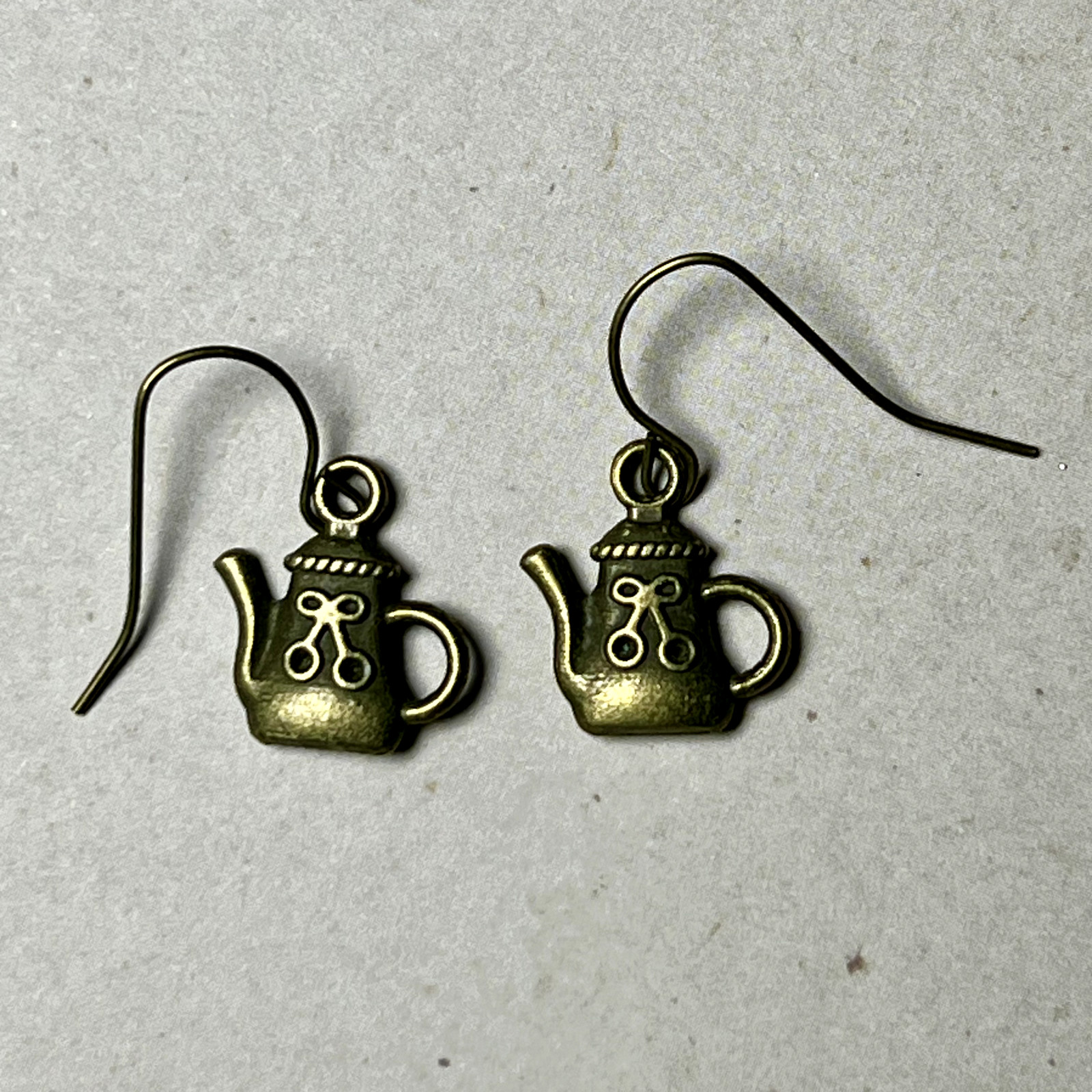 Bronze Tone Tea Pot Charm Dangle Earrings. French Hooks. Tea. Party. S613