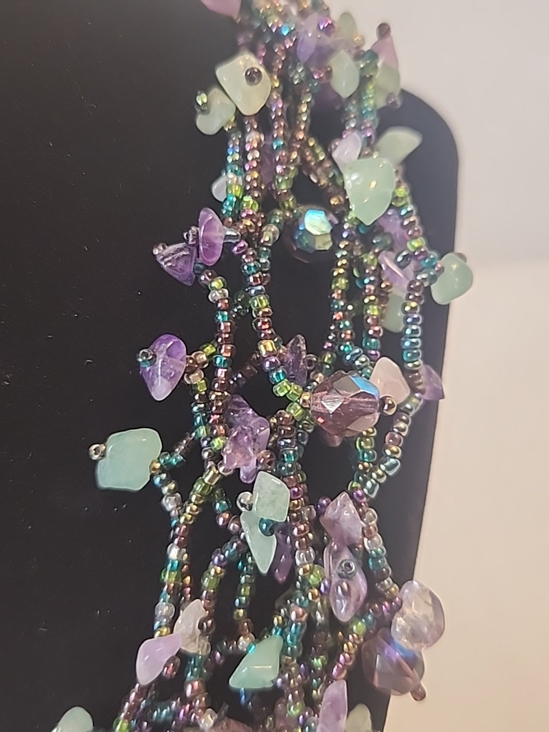 Multi-strand Semi-precious Stone Chips & Glass Seed Bead Statement Necklace 19″