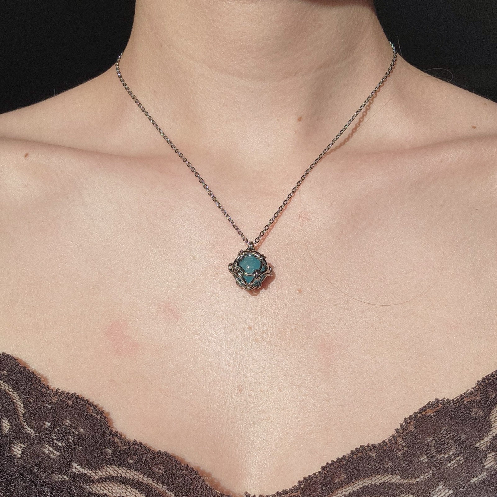 Aqua blue and silver necklace made of stainless steel for women