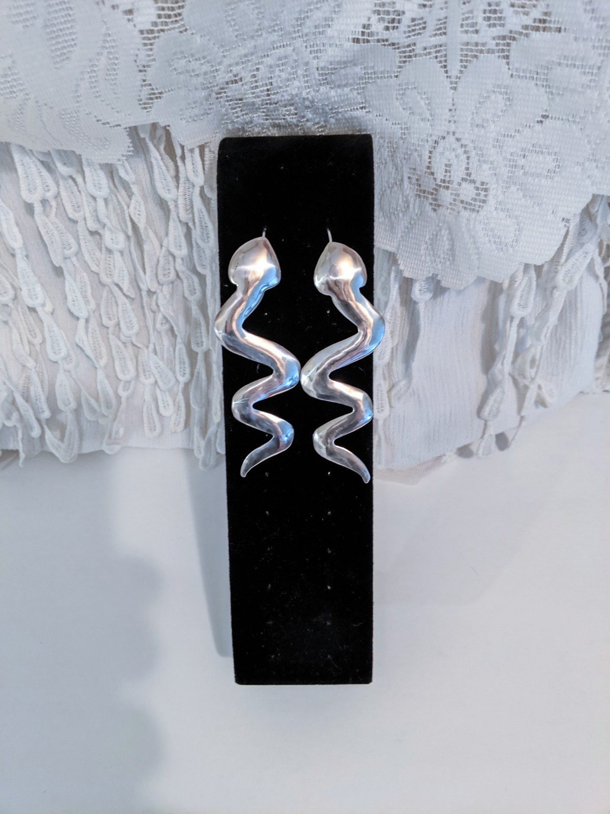Edgy Crawling Snake Serpent Sterling Silver Long Hook Drop Earrings 3 1/4 Inch