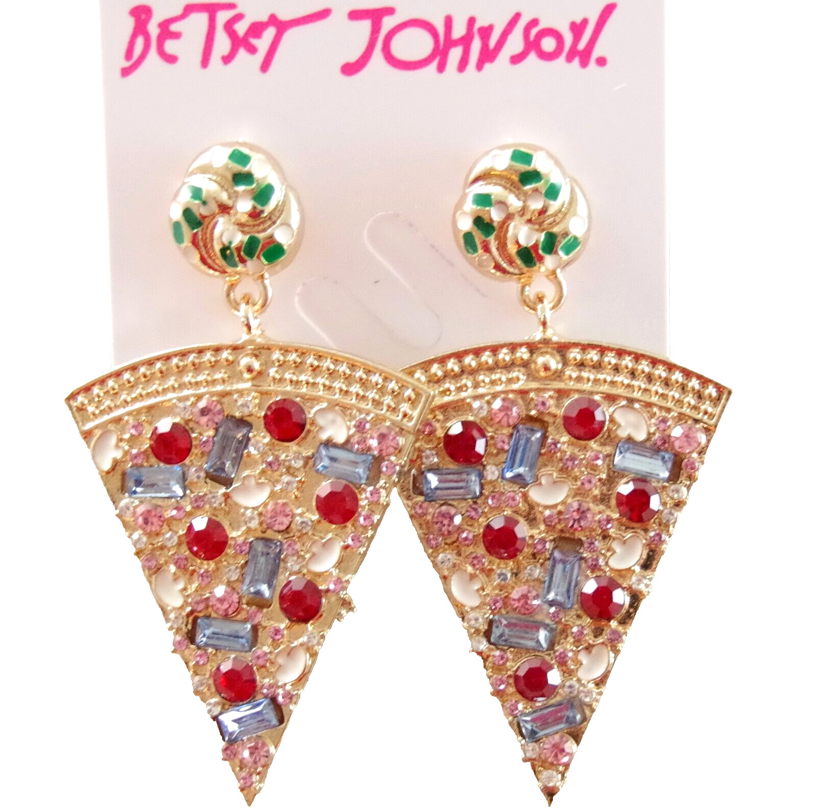 2.25″ BETSEY JOHNSON PIZZA SLICE CRYSTAL RHINESTONE/ ENAMEL DROP DANGLE EARRINGS
