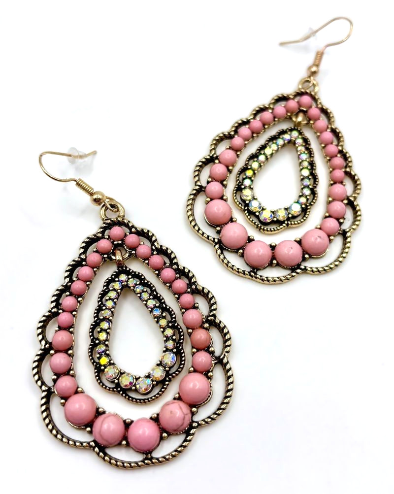 Elegant Pink Turquoise Iridescent Rhinestones Scalloped Double Teardrop Earrings