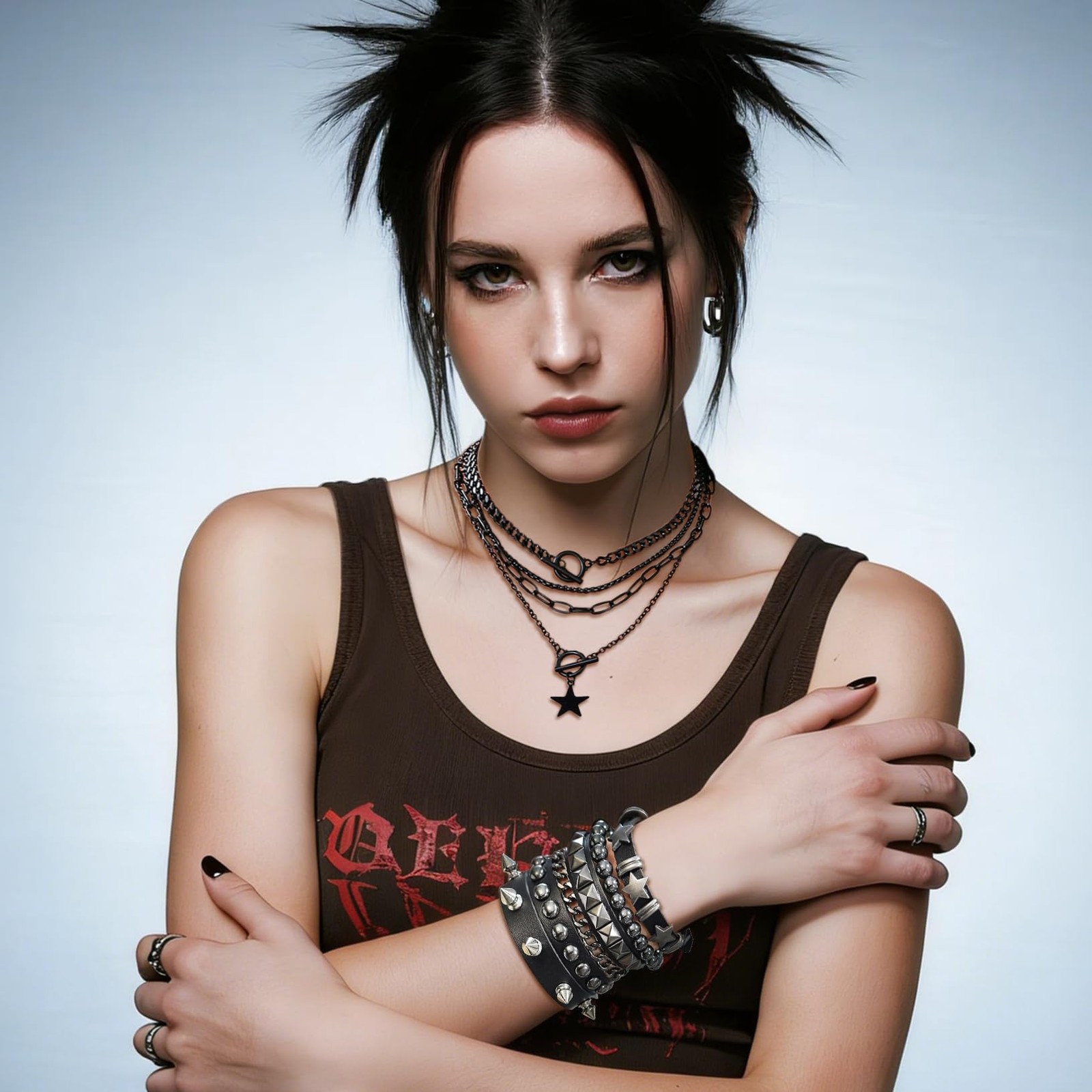 Fscwlmon 5 Pcs Layered Star Grunge Emo Studded Bracelets Goth A