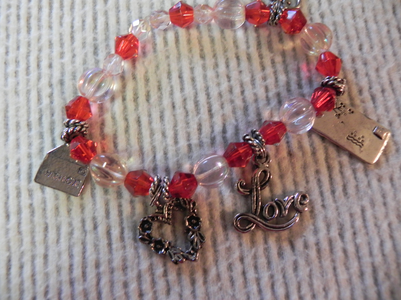 Red charm bracelet Beaded Valentines Love Letters Hearts AB crystal beads NICE