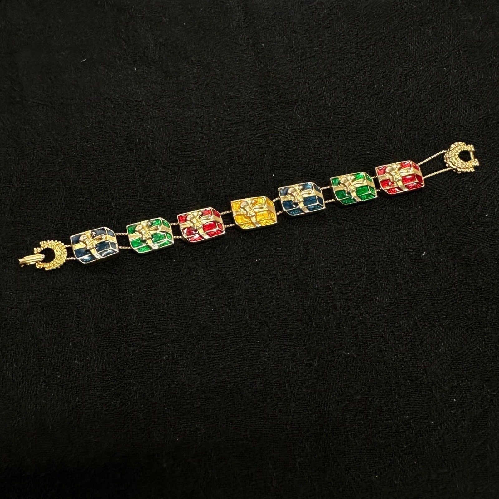 Vintage Christmas Present Bracelet Red Green Blue Enamel Gold Tone Holiday