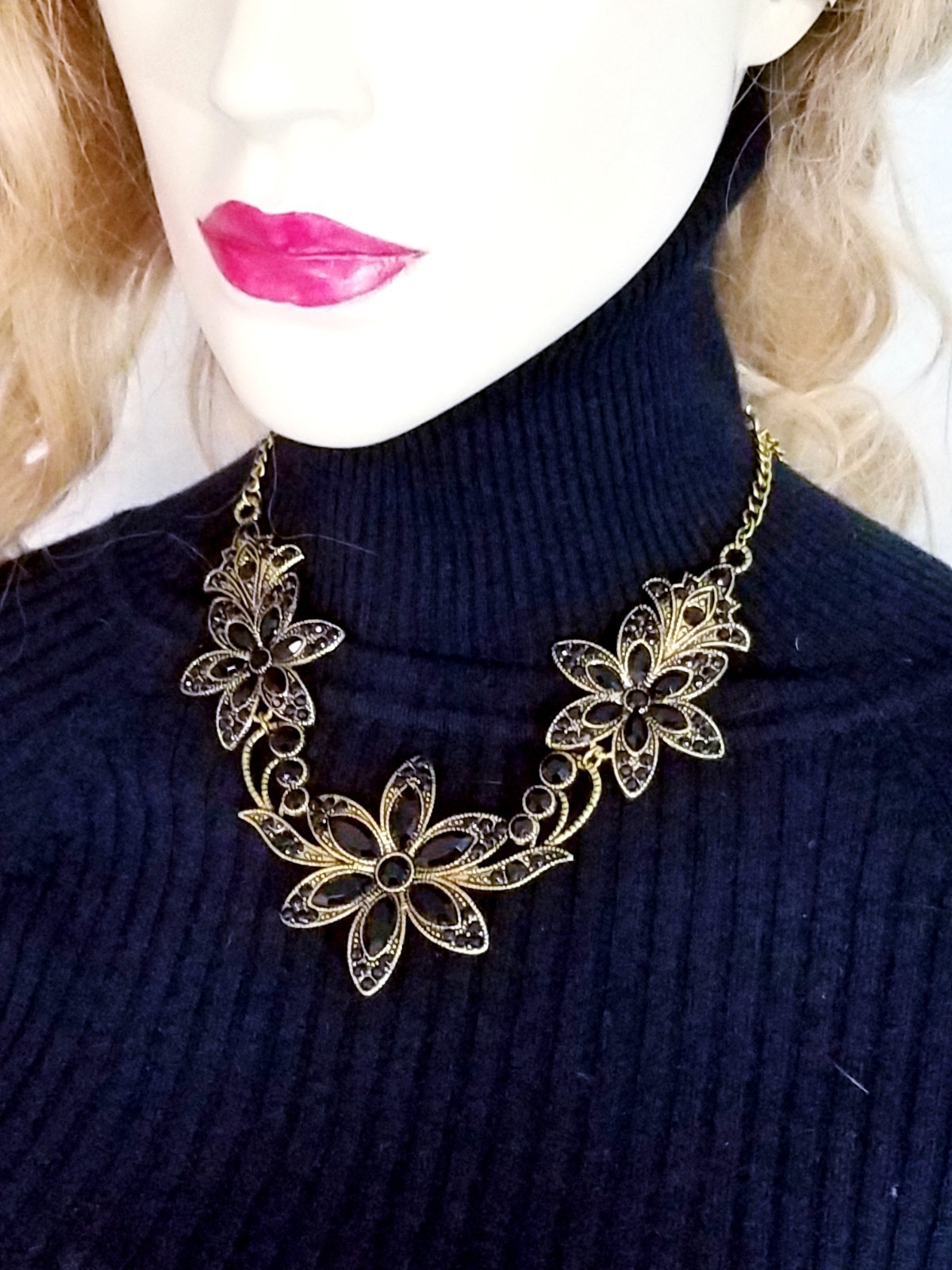 Black Floral Crystal Choker Rhinestone Necklace ONLY Bridal Prom Pageant