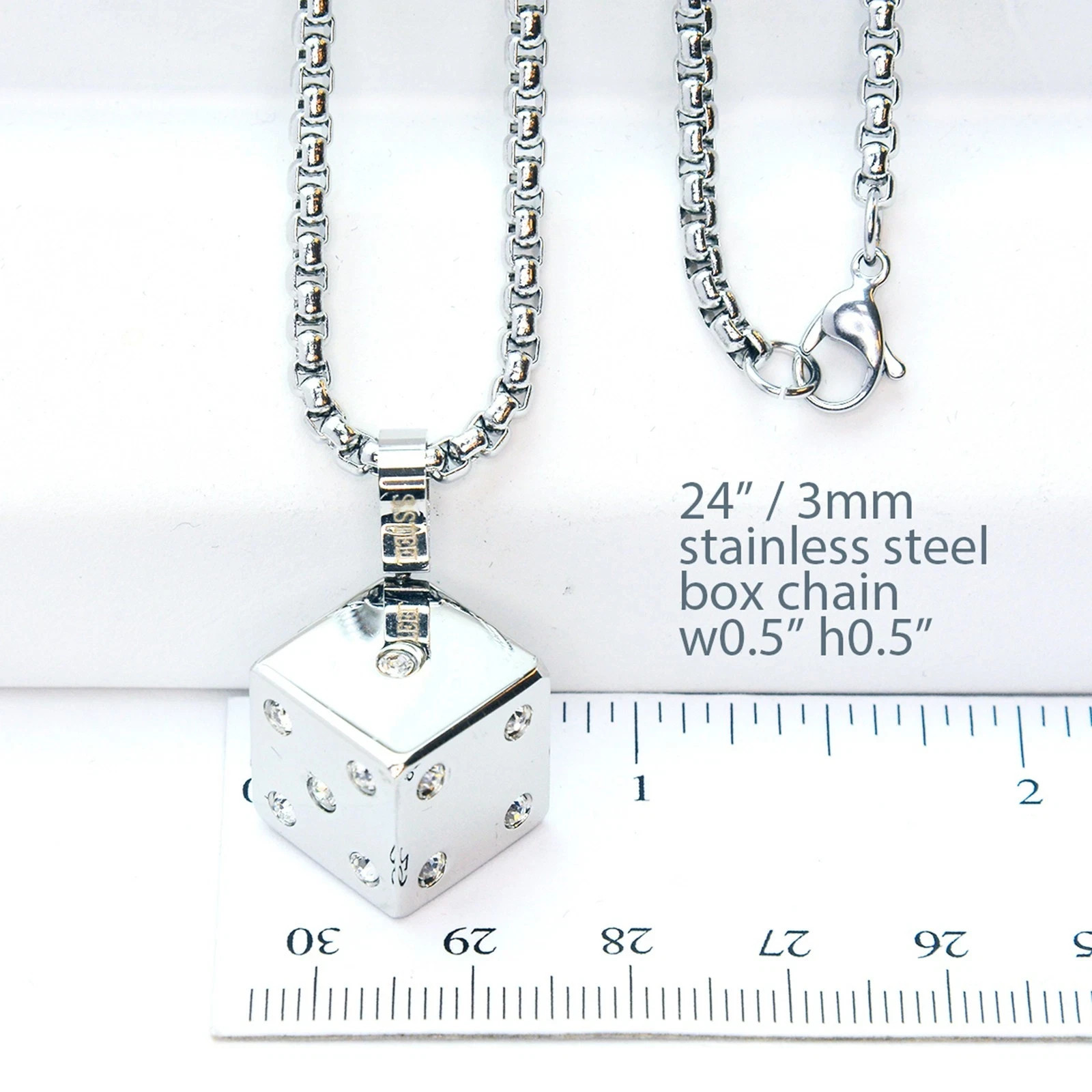 Men’s Stainless Steel Silver Iced 3D Dice Pendant 24″ Box Chain Necklace Hip Hop