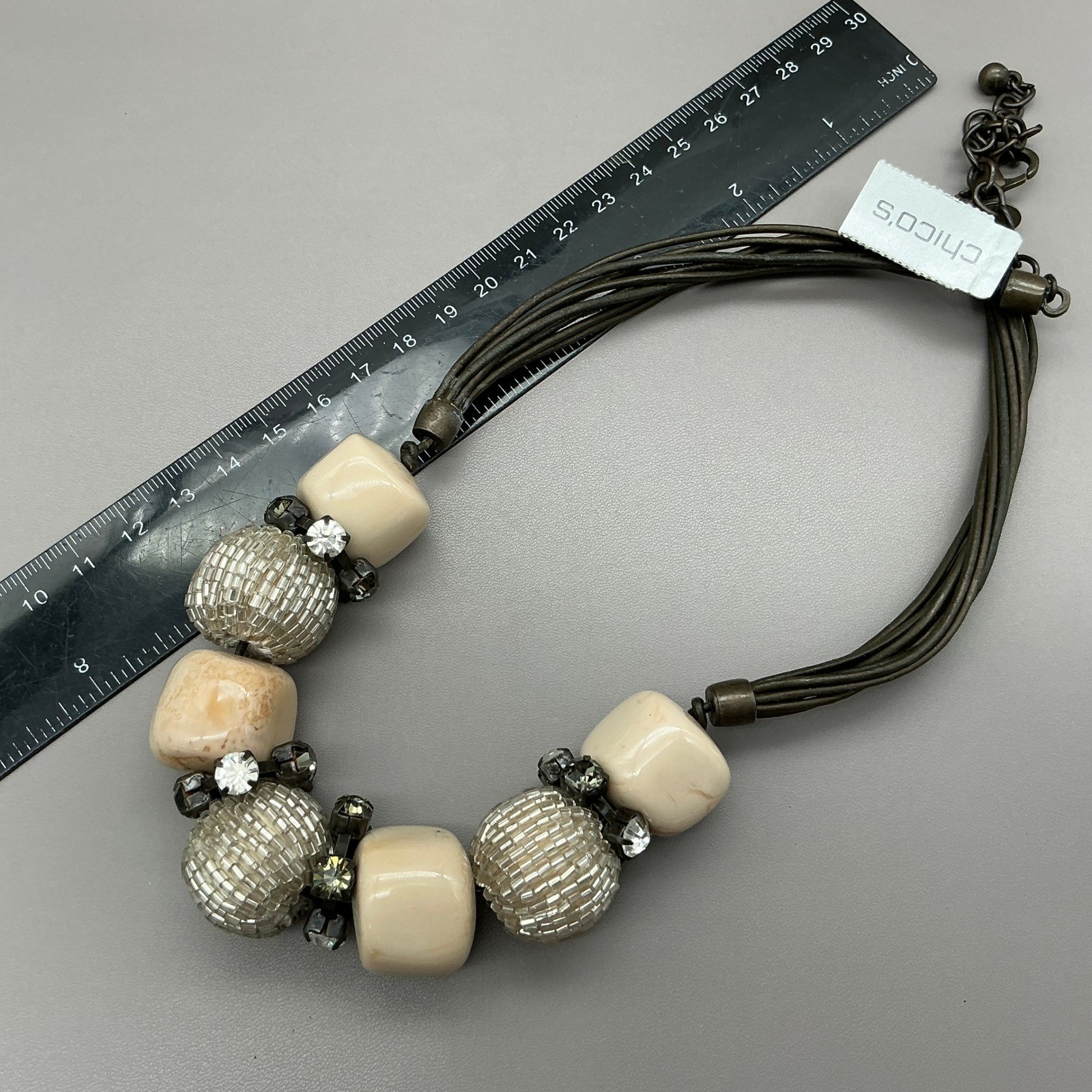 Chicos Necklace Womens Tan Multi Strand Beaded Statement Rhinestone 20 Inches