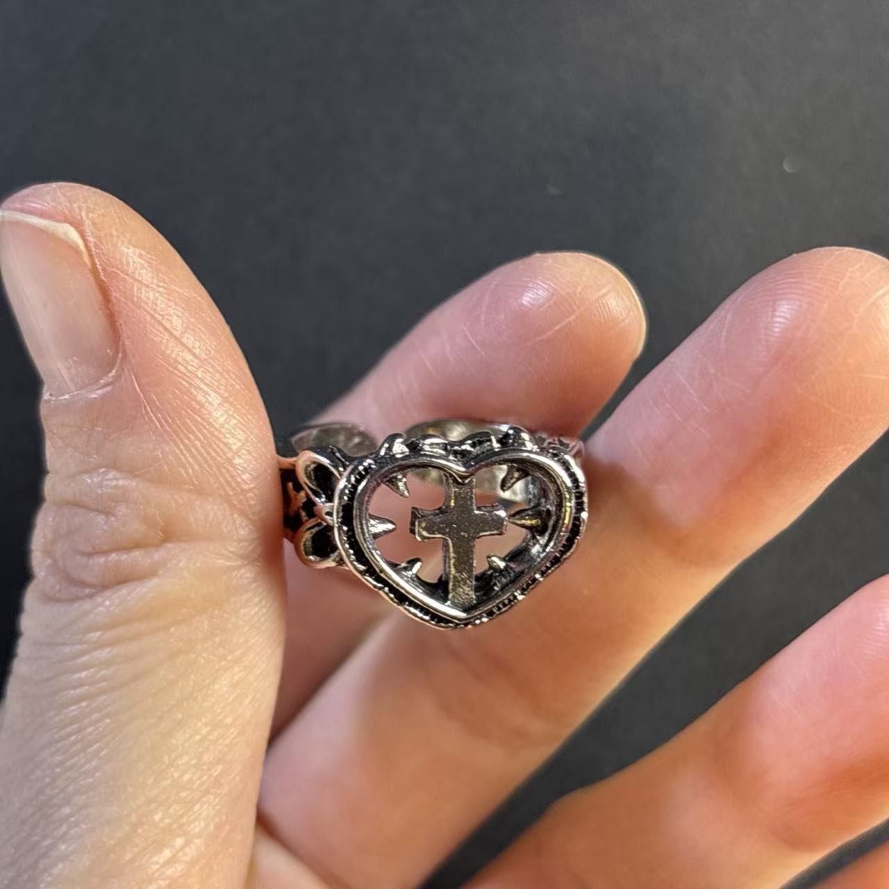 Punk subculture cross heart unisex adjustable open ring