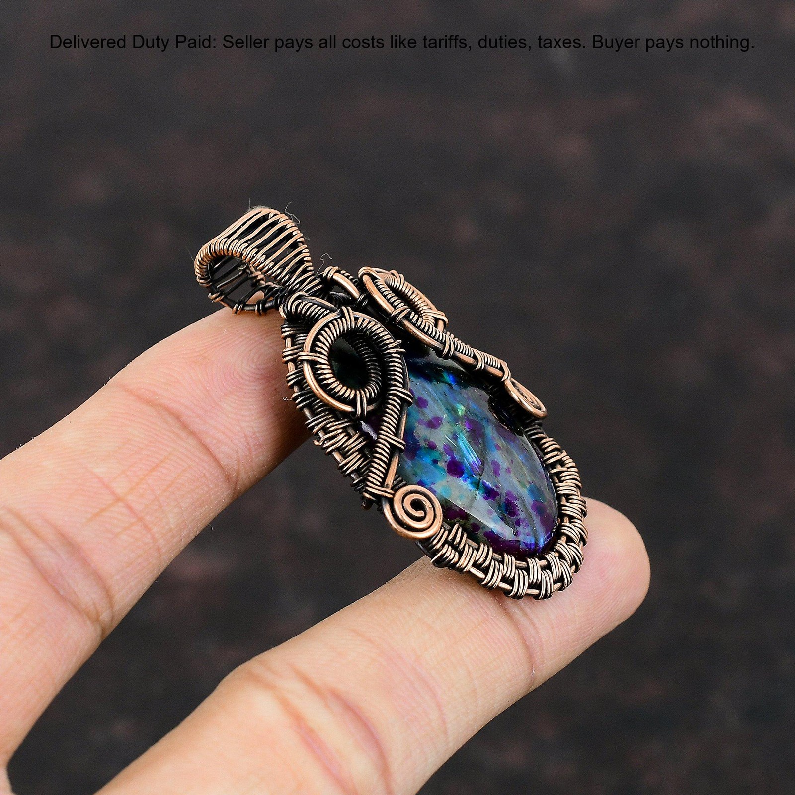 Oval Mystic Fire Labradorite Gemstone Wire Wrapped Boho Sister Pendant Copper