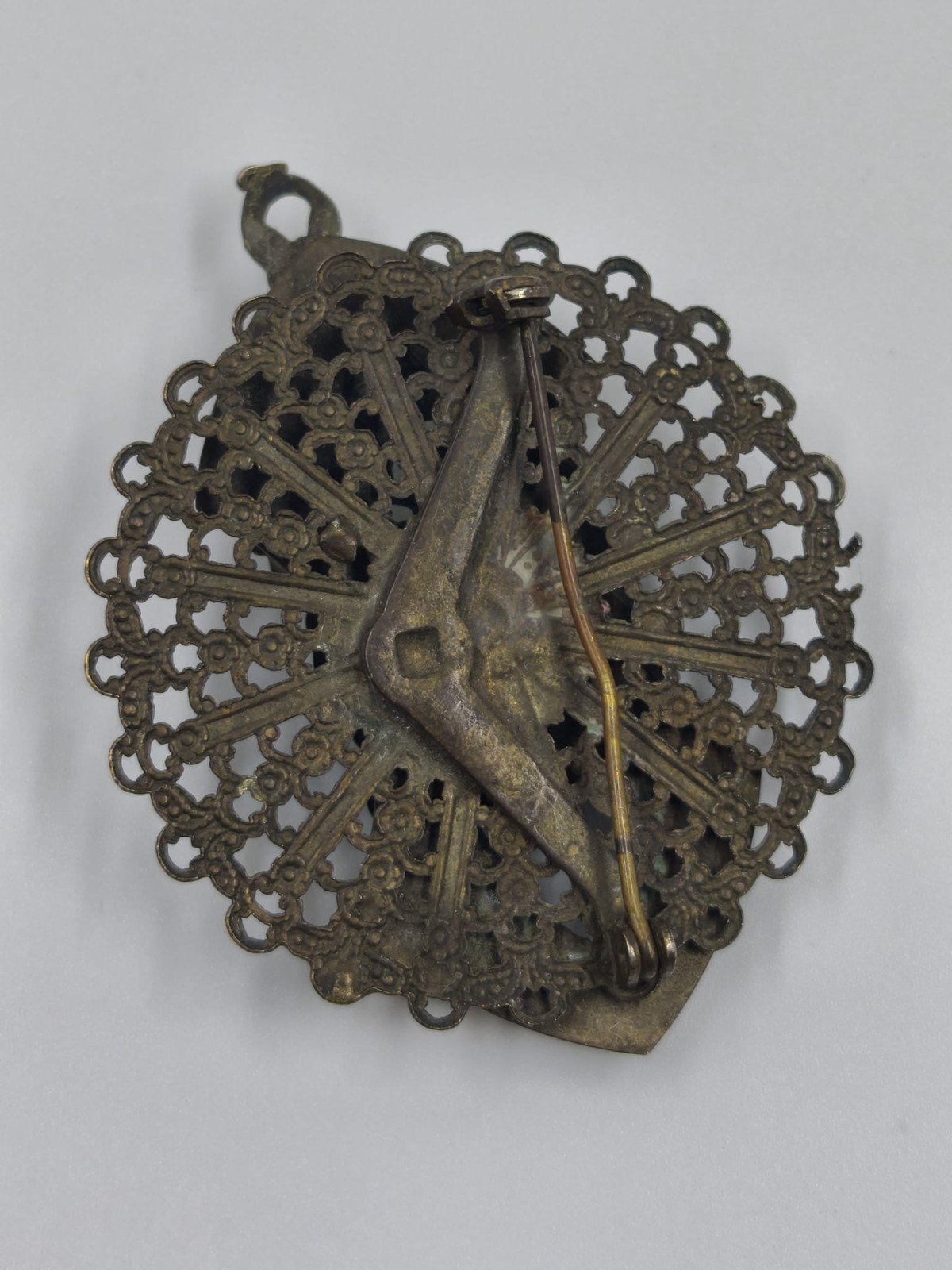 Vintage Brass Filigree Brooch with Rhinestone & Black Cabochon