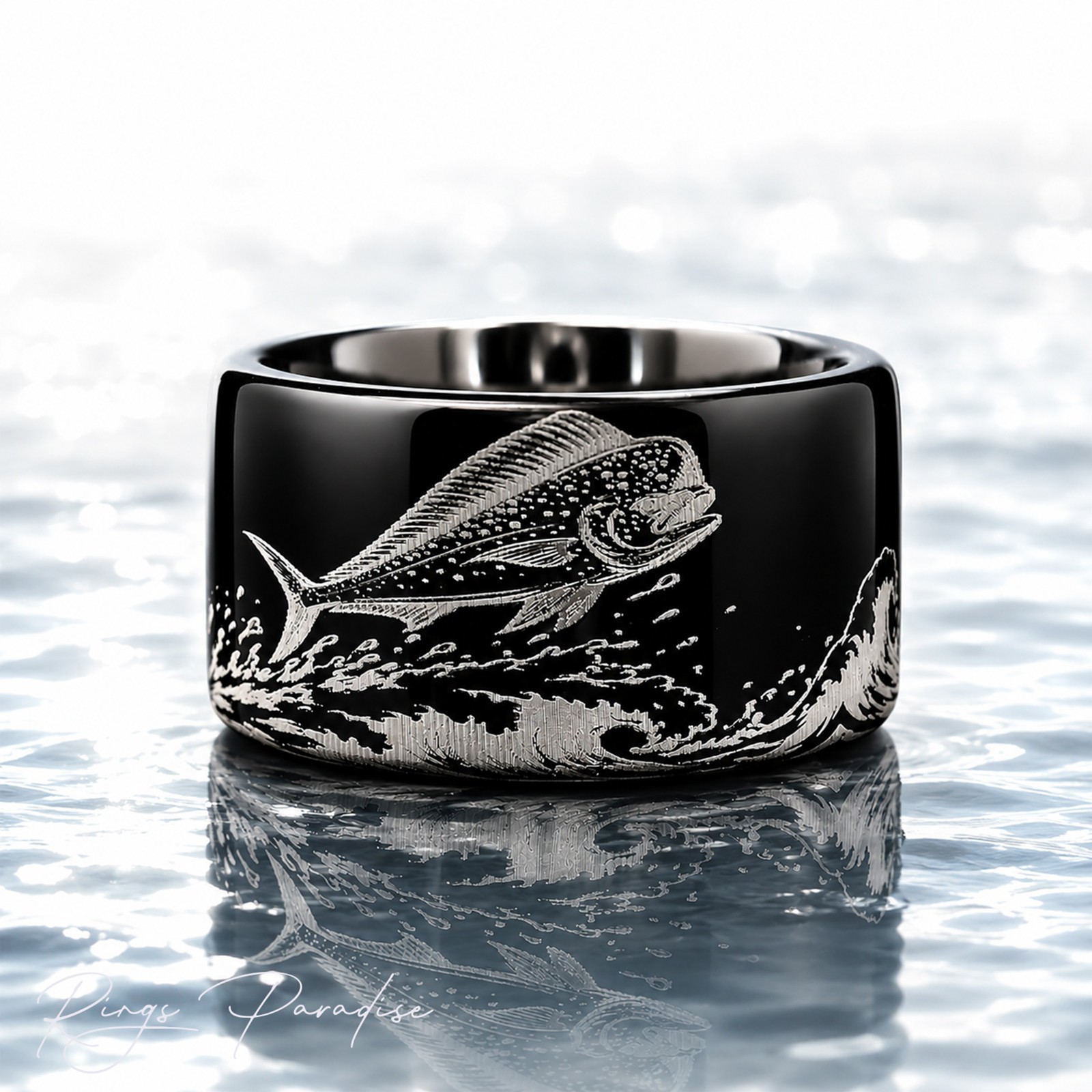 Mahi Mahi Ring | Black Tungsten Wedding Band Fishing Ring – 8mm,10mm,12mm